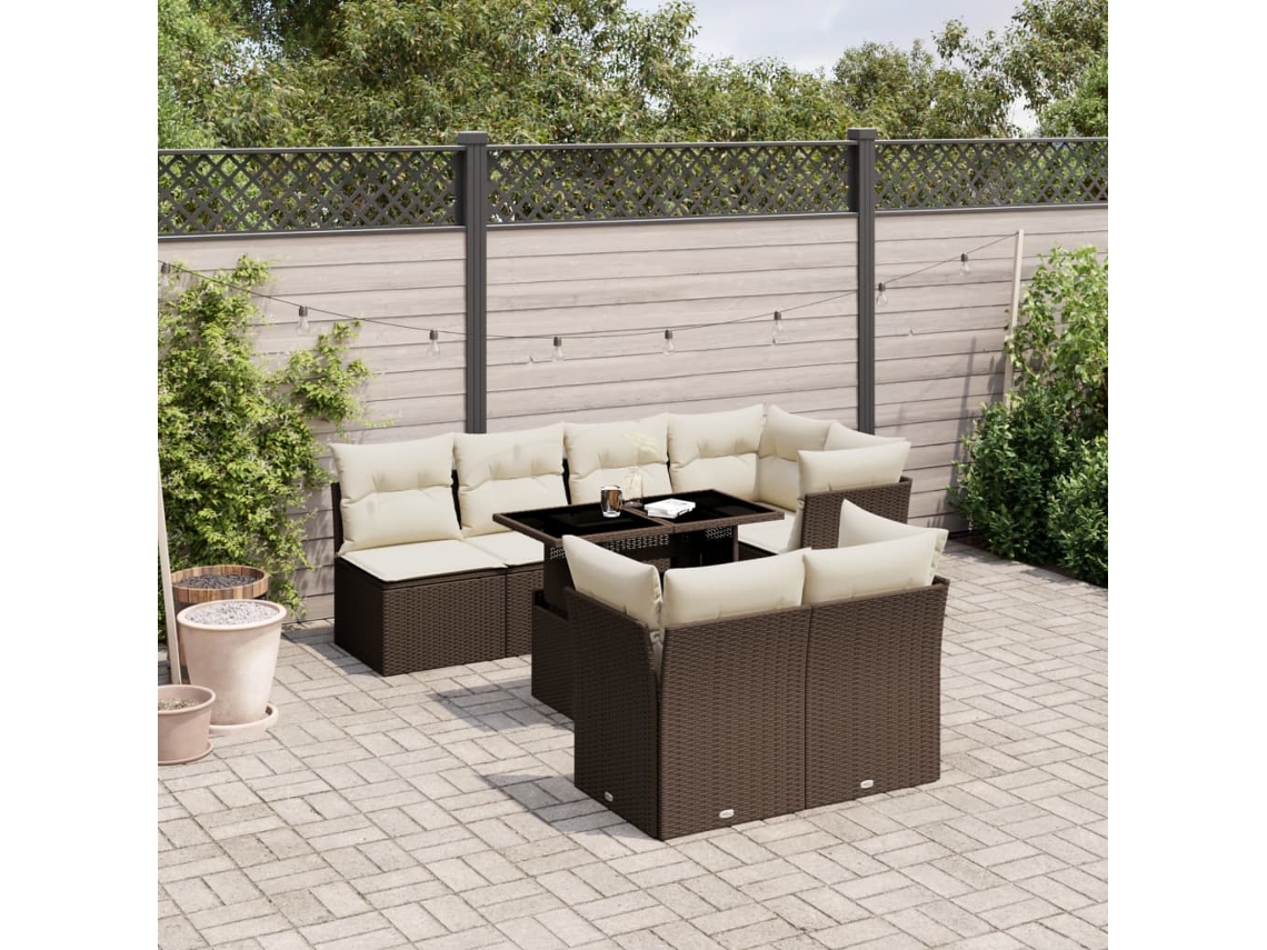 Vidaxl 8 Pcs Conjunto Sofás De Jardim C/ Almofadões Vime Pe Castanho