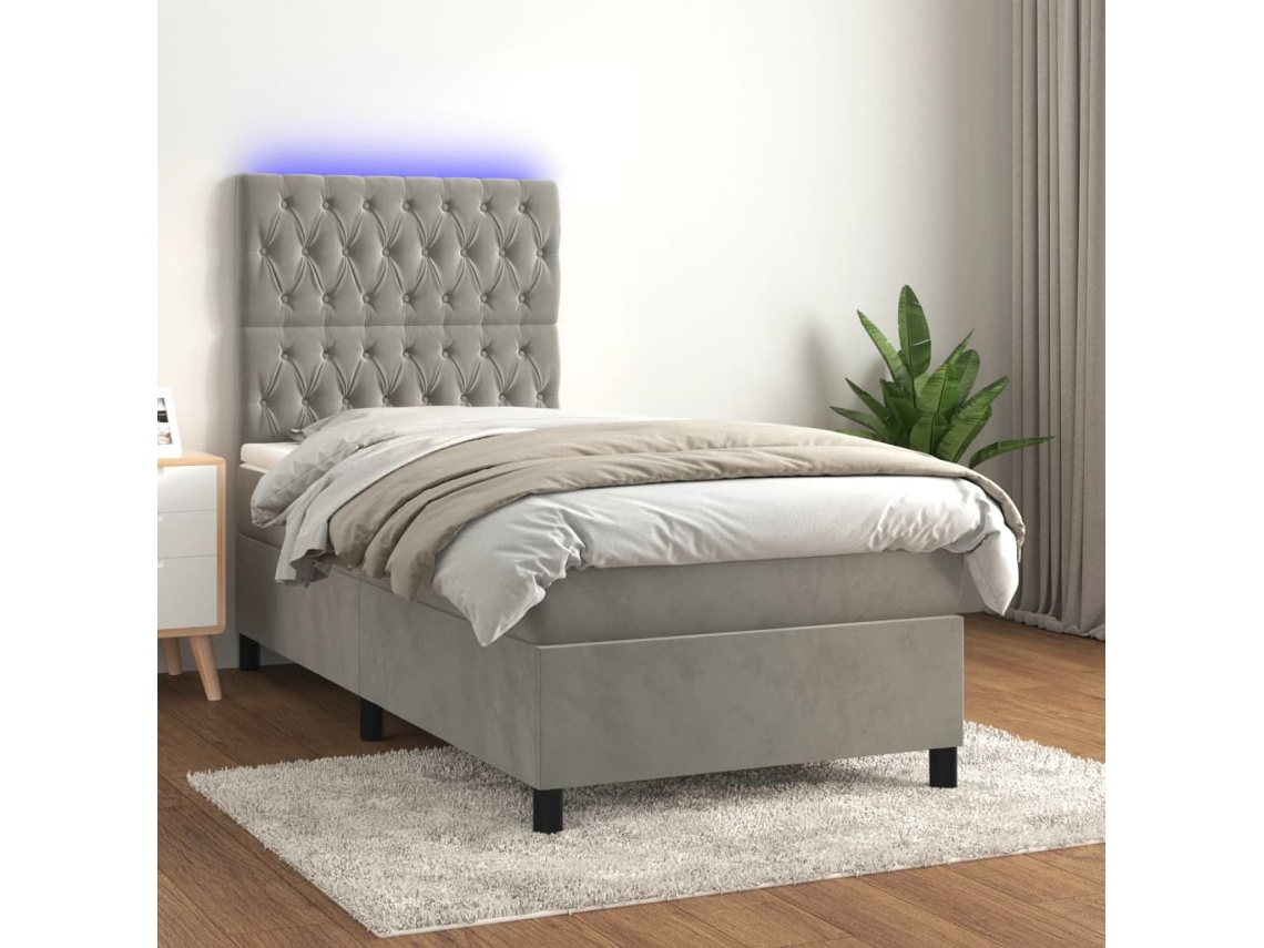 Cama Box Spring C/ Colchão/led 90x190 Cm Veludo Cinzento-claro