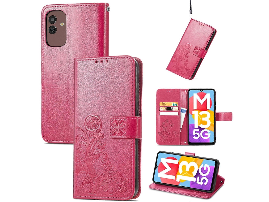 Capa De Couro Com Fecho De Quatro Folhas E Fivela Em Relevo Para Samsung Galaxy M13 5g