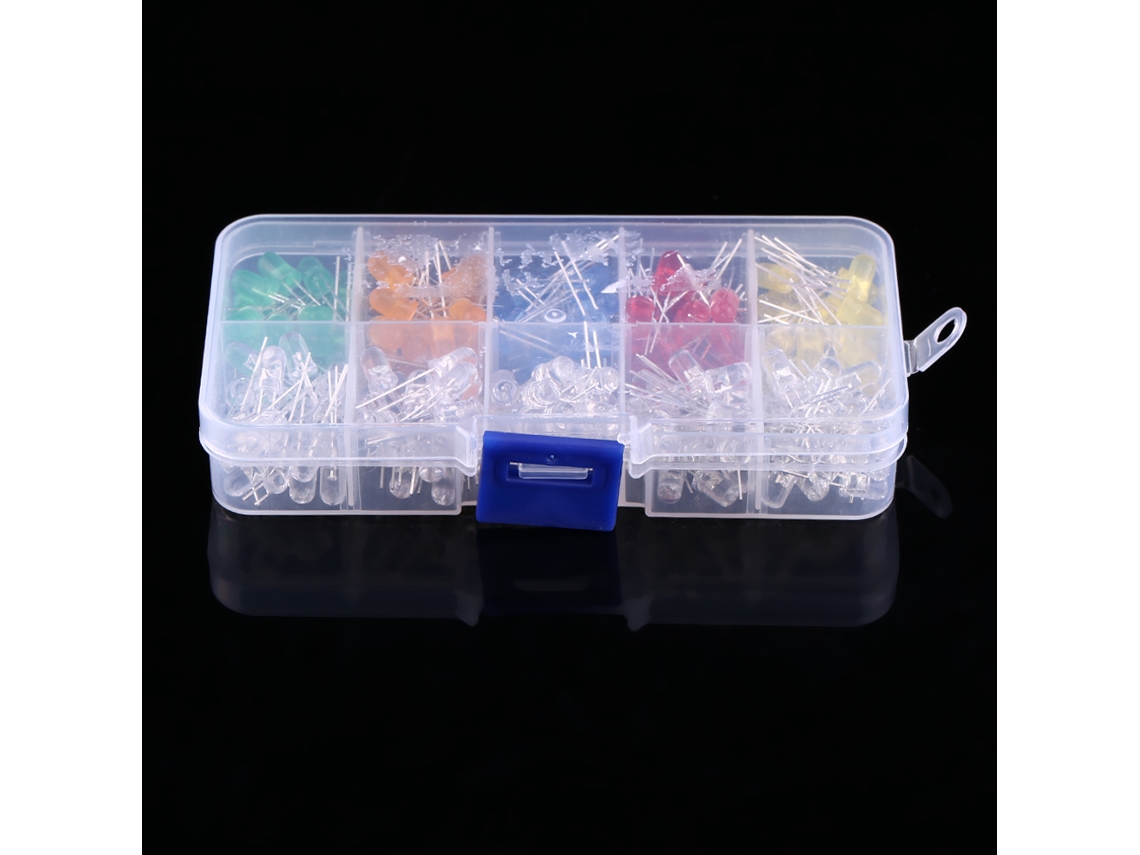 Kit com 200 diodos de LED de 5mm nas cores amarelo, vermelho, azul, verde e laranja