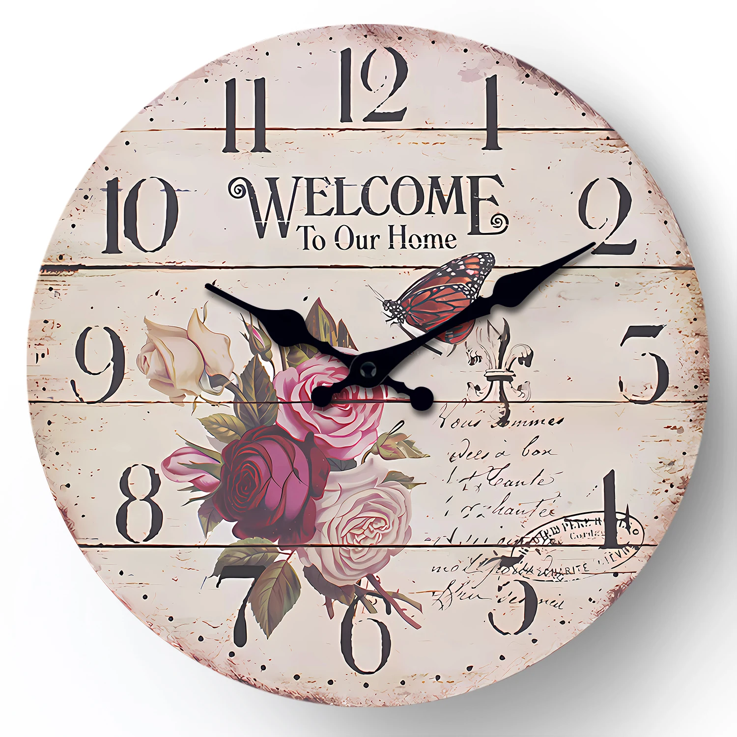 Relógio De Parede De Madeira Vintage (35,5 Cm) Com Estampa Floral E De Borboletas "welcome Home" (bem-vindo Ao Lar)