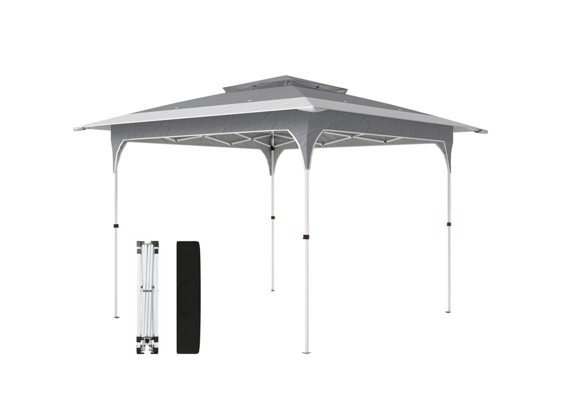 Tenda Dobrável 3,5x3,5 M Pop-up Com Altura Ajustável 3 Níveis Teto Duplo Fecho Central E Bolsa Upf50+ Cinzento
