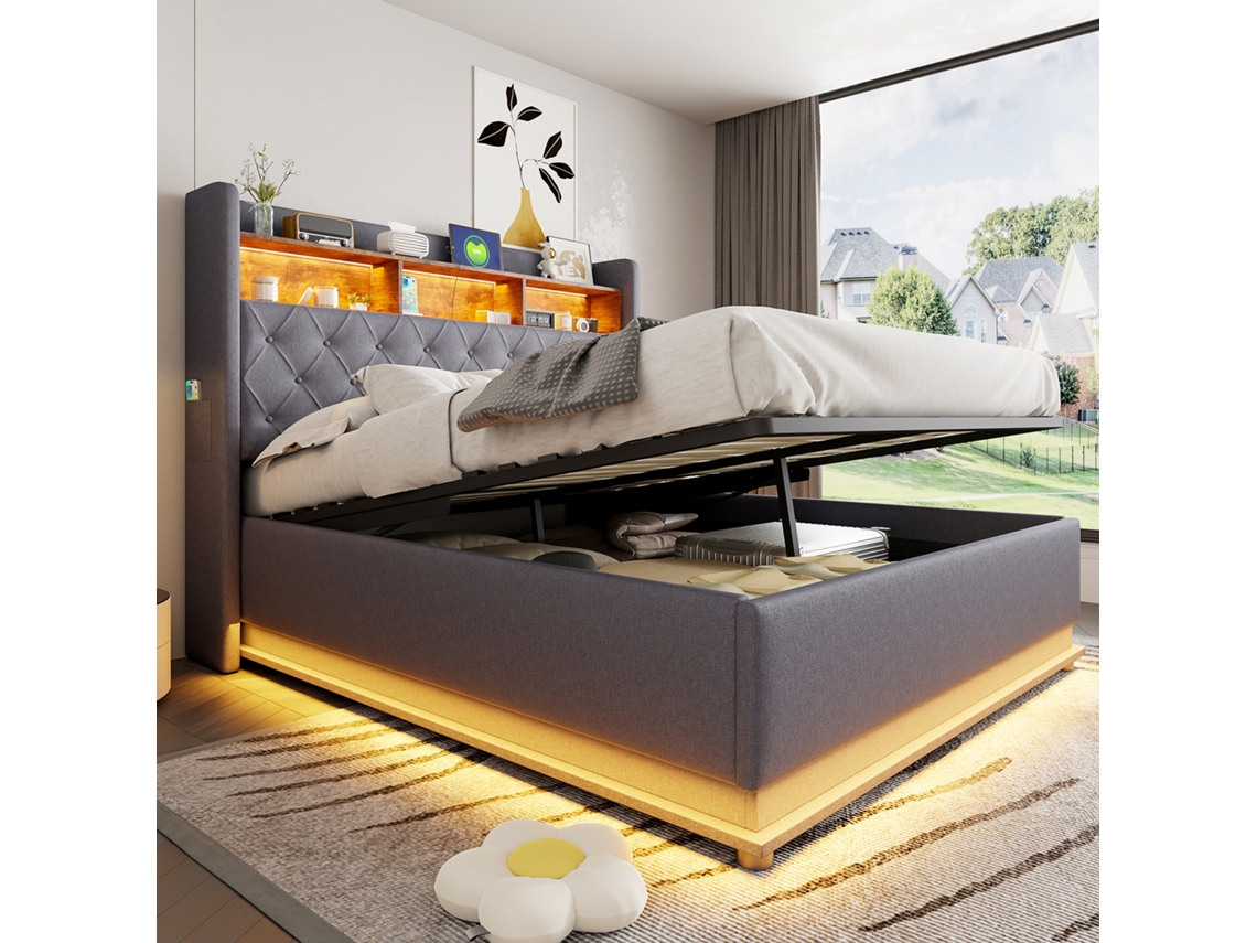 Cama Estofada Com Led Com Usb Com Armazenamento Tecido Cinza Elegante, Resistente E Muito Funcional 160 X 200 Cm