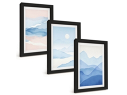 Quadros Decorativos Para Paredemontanhas Em Aquarela Azul E Rosa Moldura Preta Quadros Para O Escritório Espelharte (3 Peças 20x30 Cm)