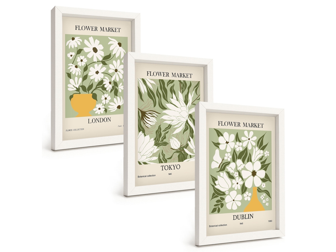 Composição De Quadros Padrões Florais Em Londres, Tóquio E Dublin Espelharte (3 Peças 20x30 Cm)