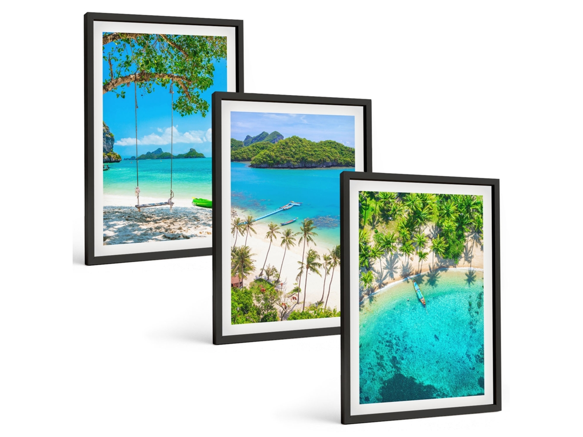 Conjunto De Pinturas Praias, Palmeiras, Água Cristalina Moldura Preta Quadros Para A Sala De Estar Espelharte (3 Piezas De 40x60 Cm)