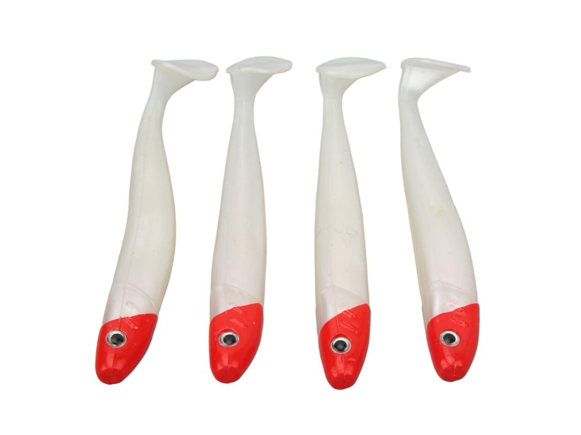 4 Iscas de Pesca Soft T Tail Vermelho Branco