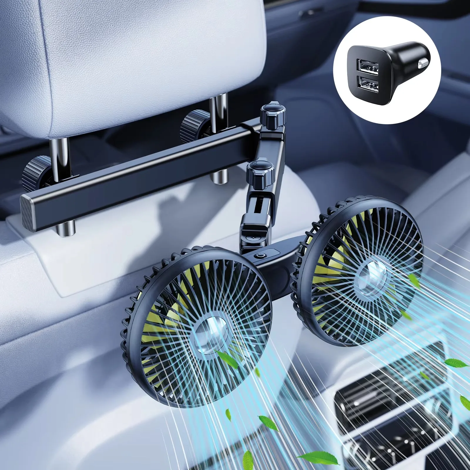 Suporte para Ventilador Duplo de Carro com Função de Carregamento Usb e Braço Longo Ajustável. MDUG