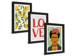 Quadros Decorativos Para Parede Limões, Amor, Retrato De Frida Kahlo Moldura Preta Quadros Para O Escritório Espelharte (3 Peças 20x30 Cm)
