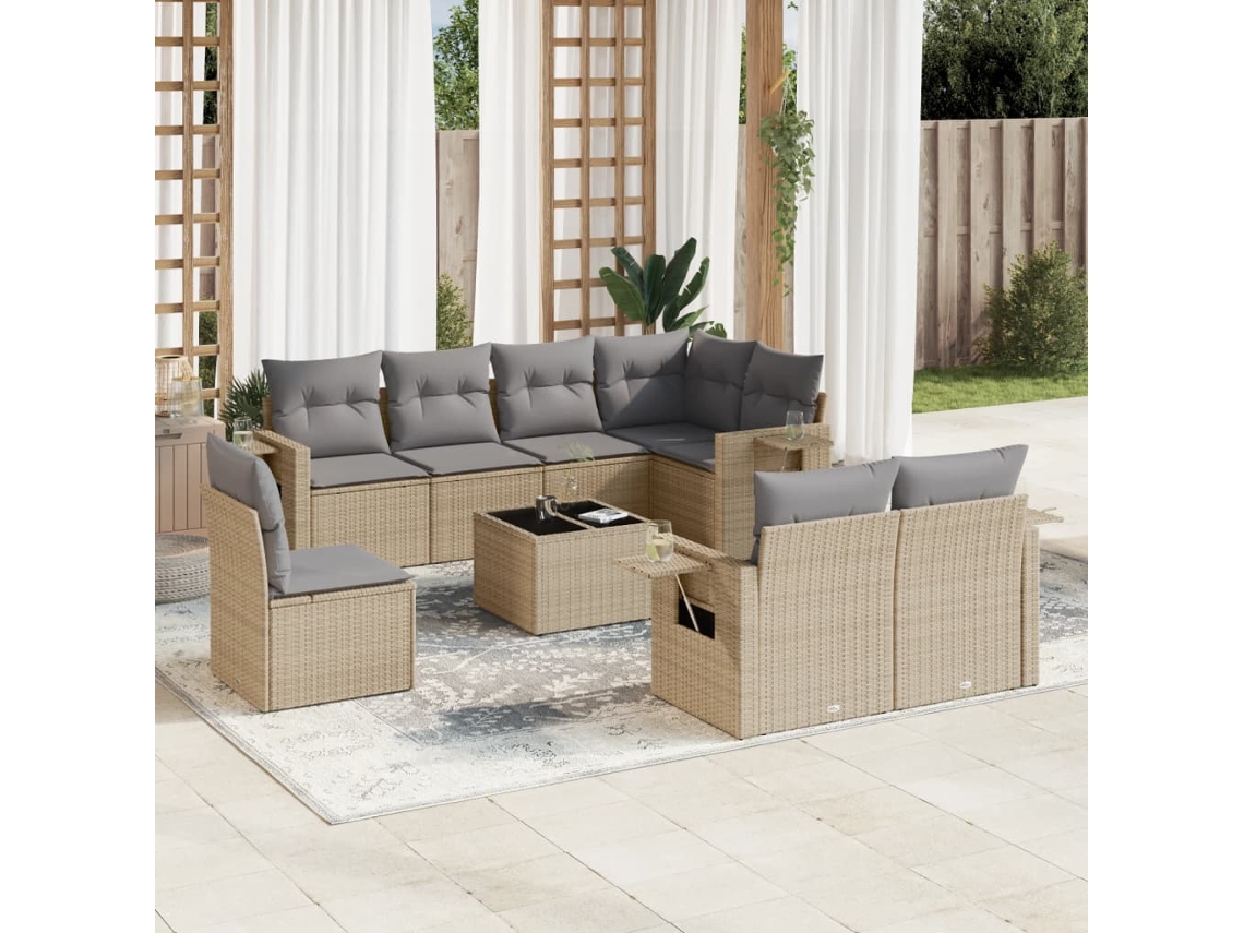 Vidaxl 9 Pcs Conjunto De Sofás P/ Jardim Com Almofadões Vime Pe Bege