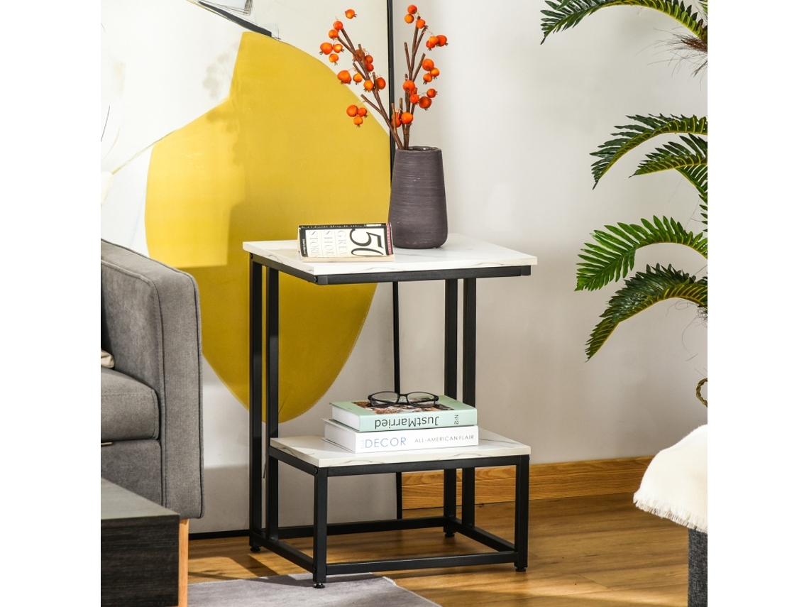 Mesa Baixa Moderna Para Sala Mesa Lateral Para Quarto Estrutura Em Aço Preto Bandeja E Prateleira Aspeto Mármore Branco.