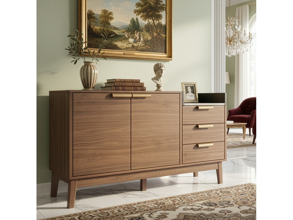 Cômoda Carvalho Tampo Mármore 120x40x77cm 3 Gavetas Porta Dupla