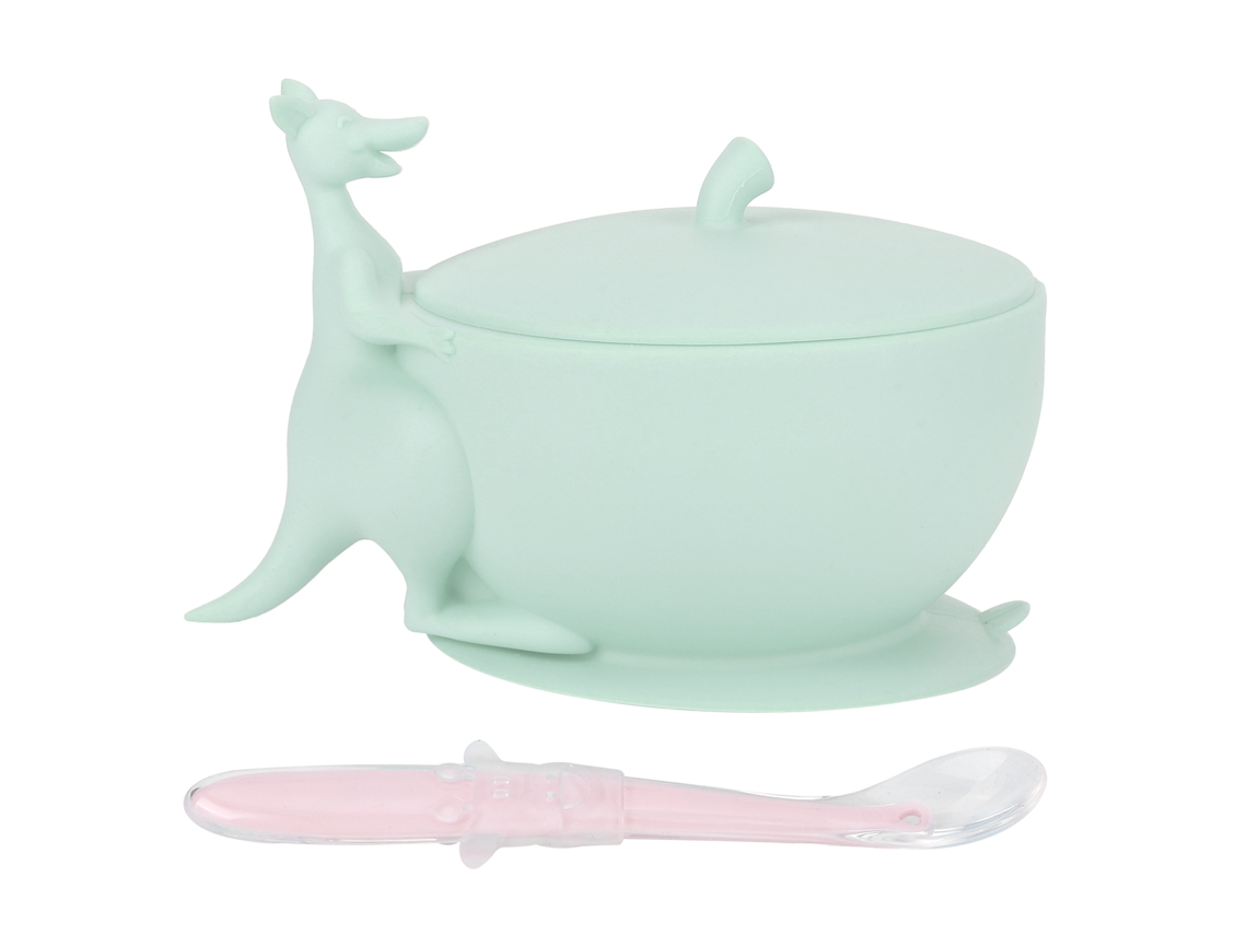 Conjunto de Prato e Colher S/MARCA de silicone para bebê com base aspiradora anti derrube verde claro