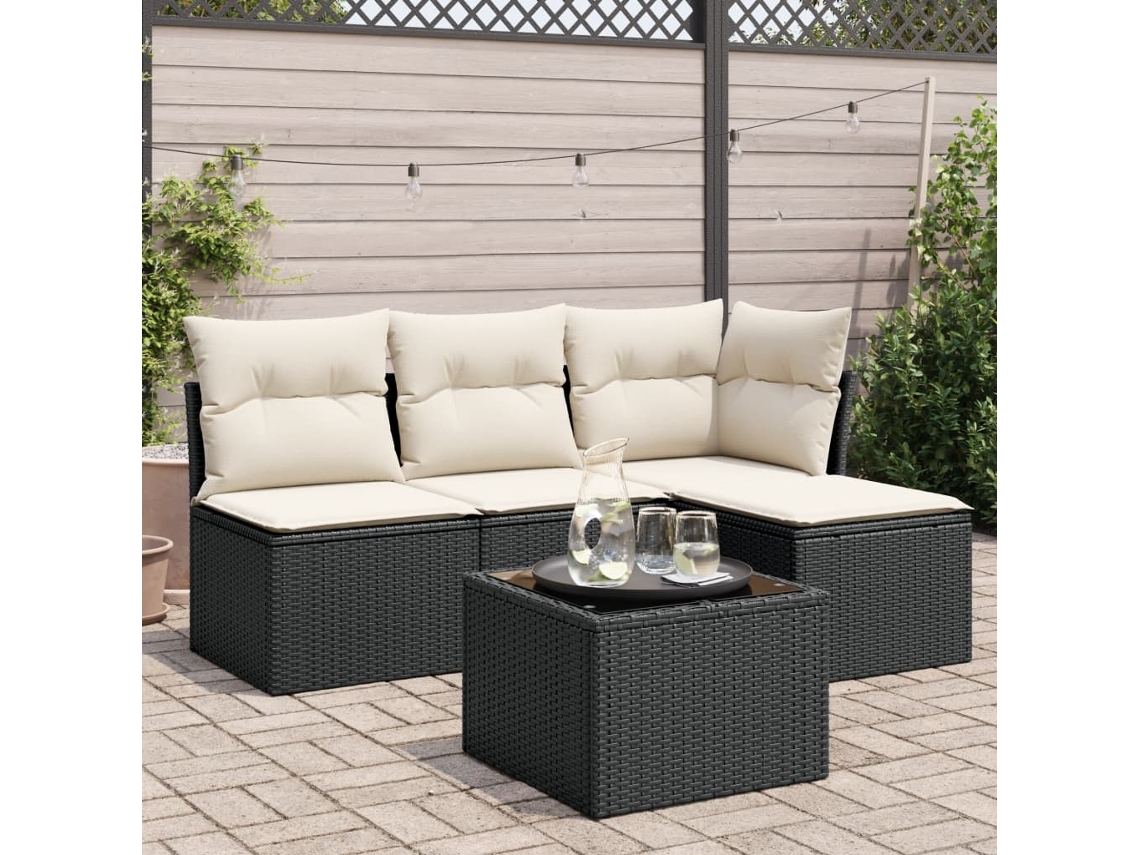 5 Pcs Conjunto Sofás De Jardimconjuntos Relax Jardimconjunto De Jantar Com Almofadões Vime Pe Preto Cfw194474 Lovely Home