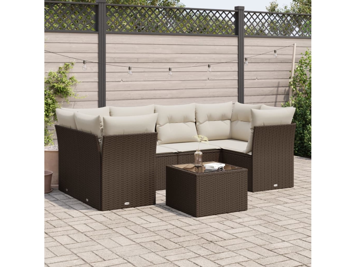 Vidaxl 7 Pcs Conjunto De Sofás Jardim C/ Almofadões Vime Pe Castanho