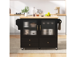 Ilha Cozinha Preta Móvel, Rodas, Mesa Extensível, Suporte Taças Vinho. Ge