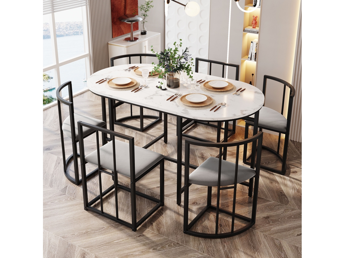 Conjunto De Mesa E 6 Cadeiras Cadeiras Com Almofada No Assento E No Encosto Preto Estilo