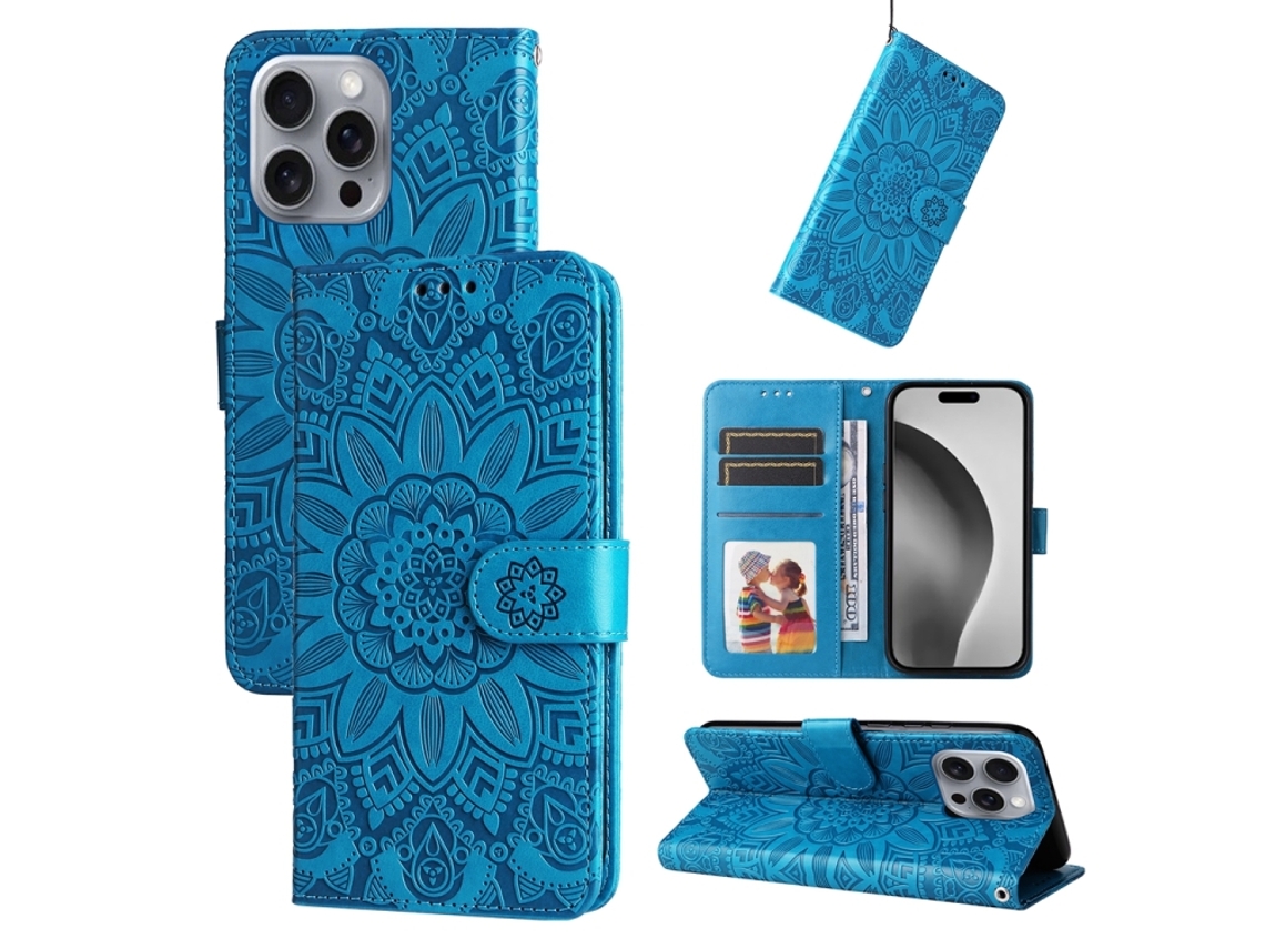 Capa De Couro Para Iphone 16 Pro Max - Estampa De Girassol Em Relevo
