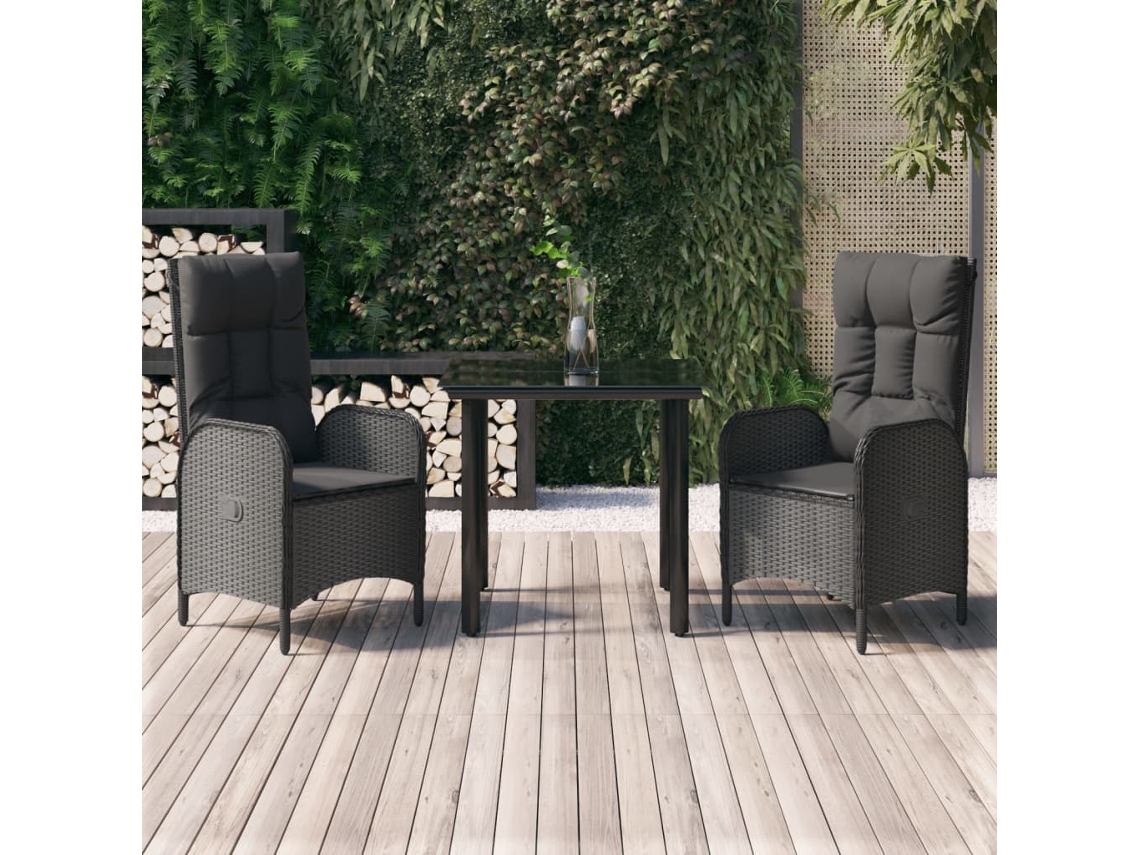 Vidaxl 3 Pcs Conjunto De Jantar P/ Jardim C/ Almofadões Vime Pe Preto