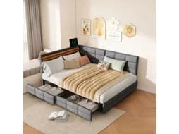 Sofá-cama L Estofado 140x200cm Cinza Em Linho Com Cabeceira Led, Usb Tipo-c E 2 Gavetas - Cama De Casal Multifuncional E Estrutura Reforçada