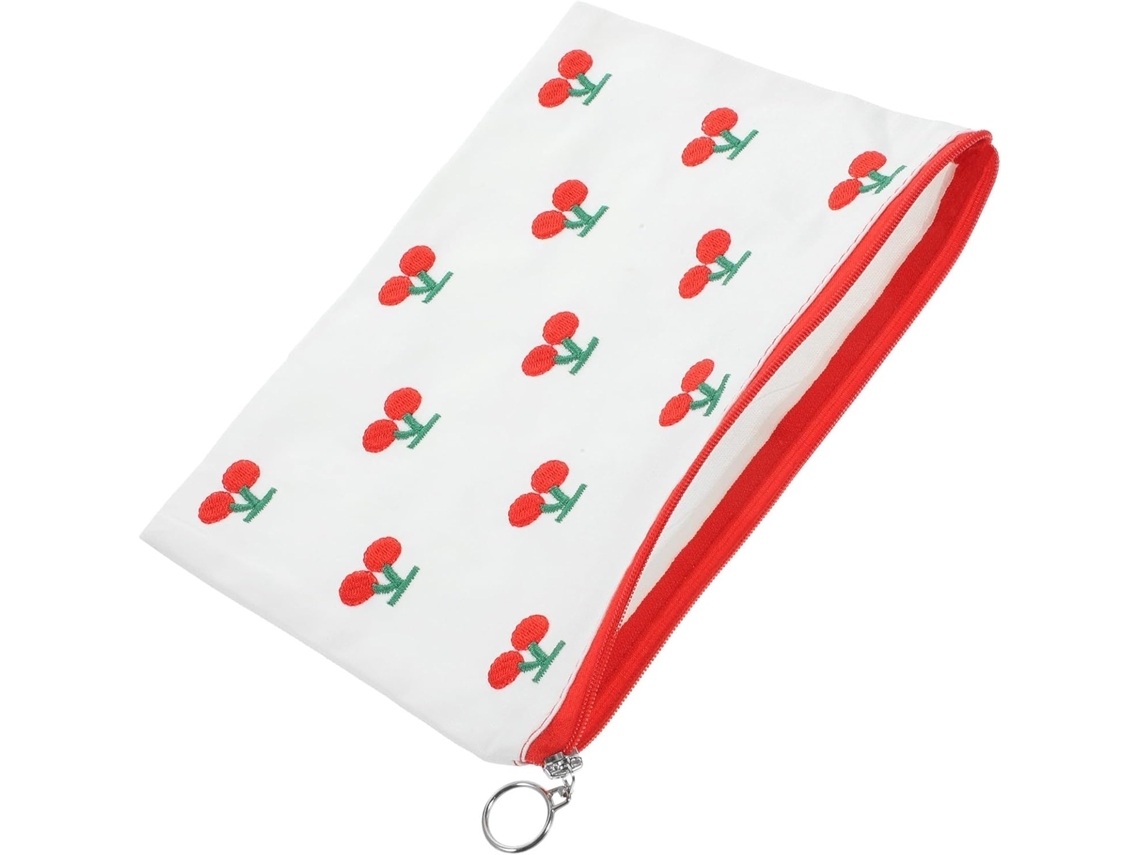 Nécessaire portátil com estampa de cerejas, ideal para maquiagem feminina.