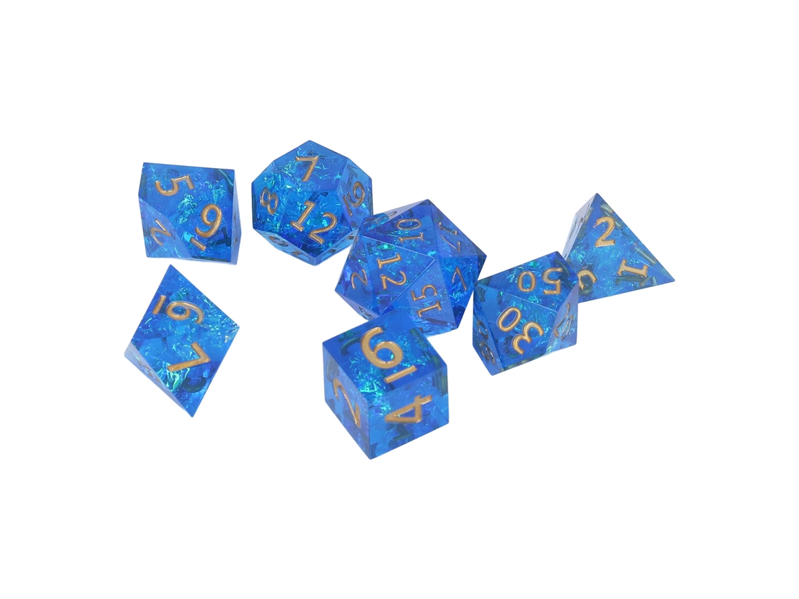 Ats set de Dados de Resina Translúcida Portátil Poliedrados Duraderos Azul Oscuro com Números Dourados para Jogos de Mesa