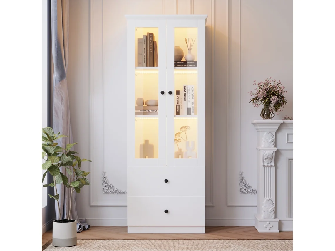 Vitrine Led Moderna Branca Fosca 165cm Usb Controle Remoto 16 Cores 2 Gavetas Estante Ajustável Mdf Sala De Estar Mega Echo Trade Shop