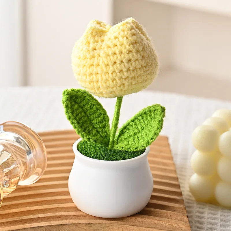 (1 Peça) Mini Tulipa De Crochê, Vaso De Planta, Decoração Fofa De Flor Tricotada