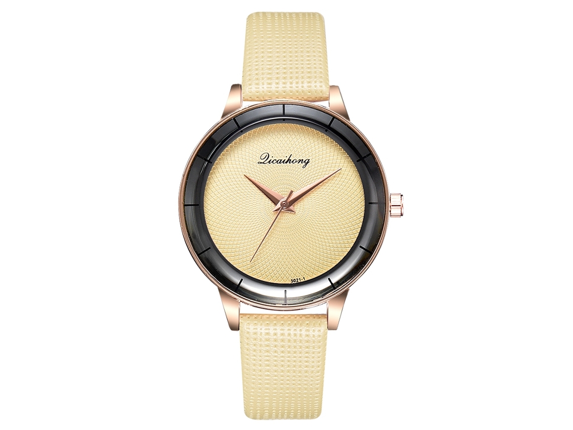 Relógio de Pulso Feminino de Couro Pu Simples Moda Dial Redondo Quartzo Amarelo
