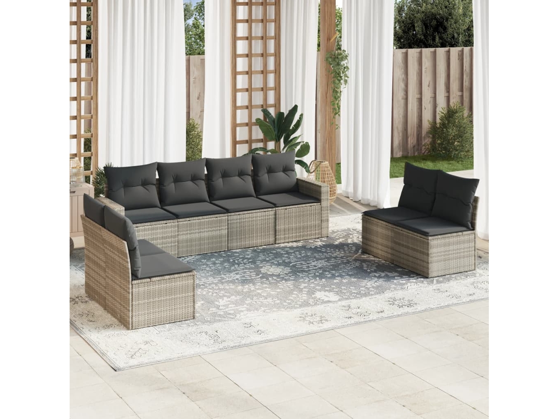 Vidaxl 8 Pcs Conj. Sofás Jardim C/ Almofadões Vime Pe Cinzento-claro