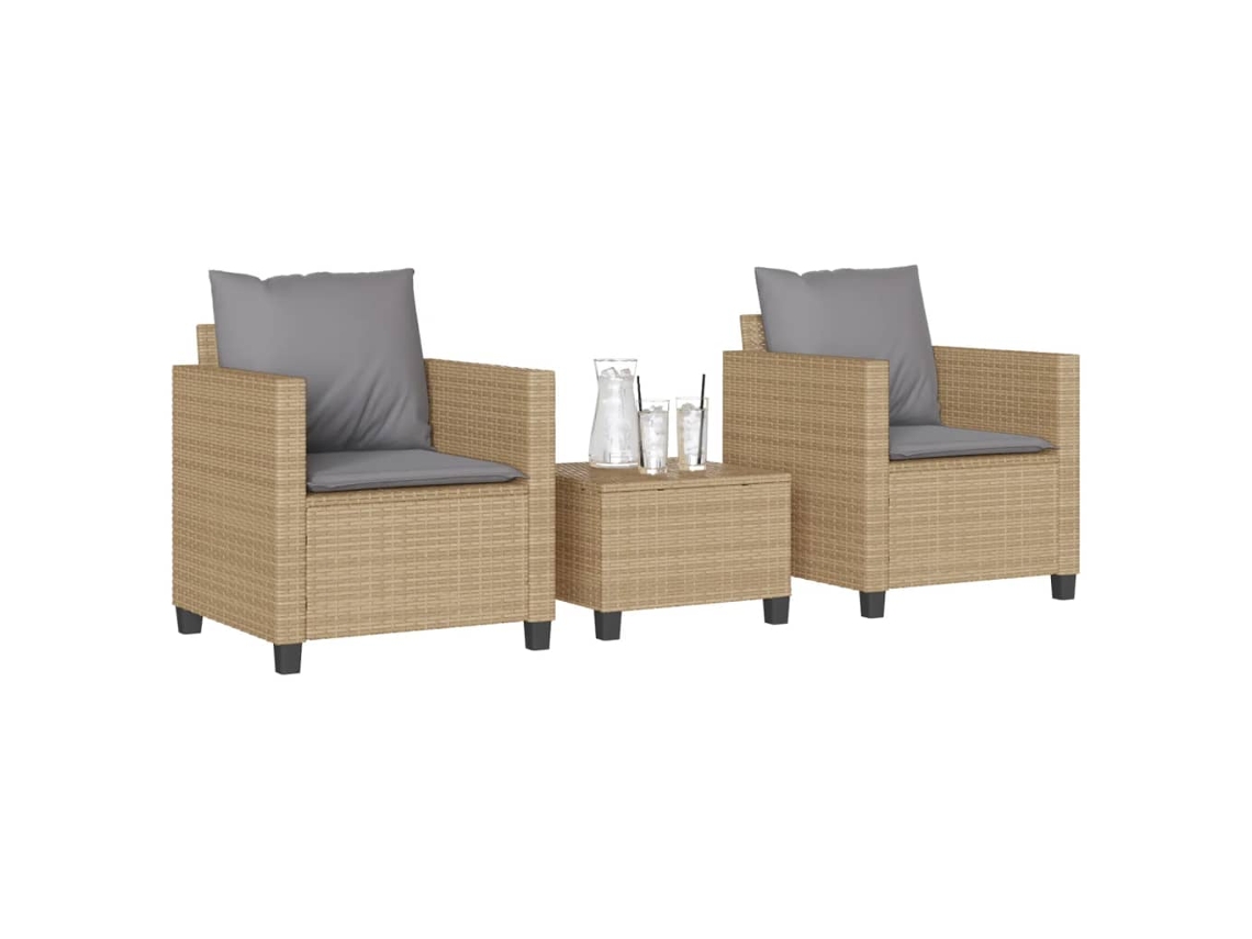 Vidaxl 3 Pcs Conjunto Bistrô Com Almofadões Vime Pe Bege