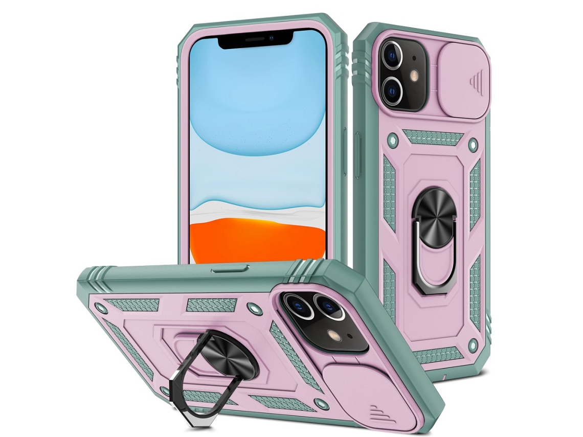 Suporte Casa Slide Câmara Para Iphone 12 Pele Sintética Rosa
