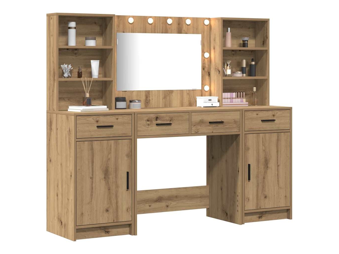 Conjunto de Mesa Maquiagem com Led Carvalho Artesanal 3 Peças MAISON EXCLUSIVE