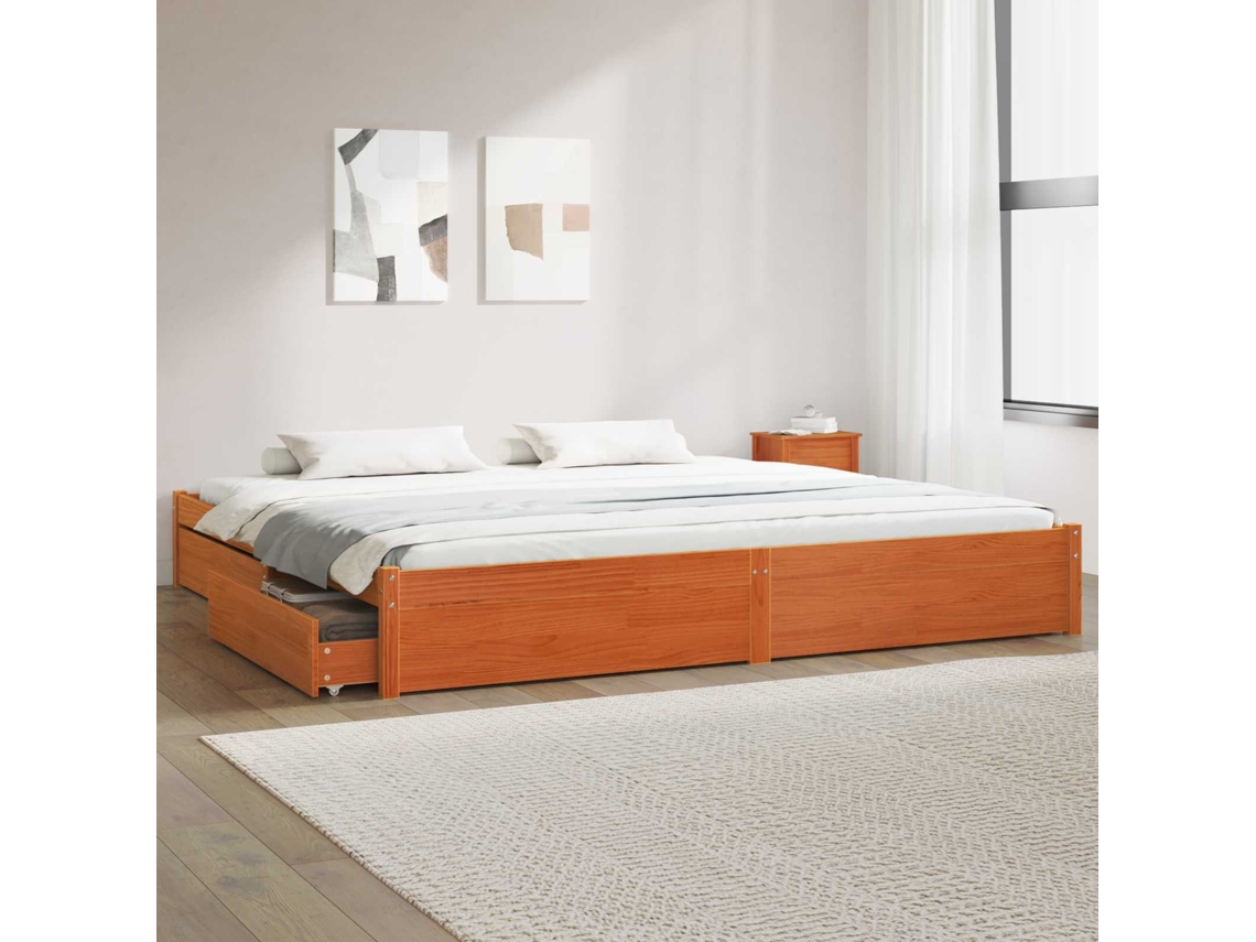 Vidaxl Estrutura Da Cama Com Gaveta Com Roda Marrom Cera 200 X 200 Cm