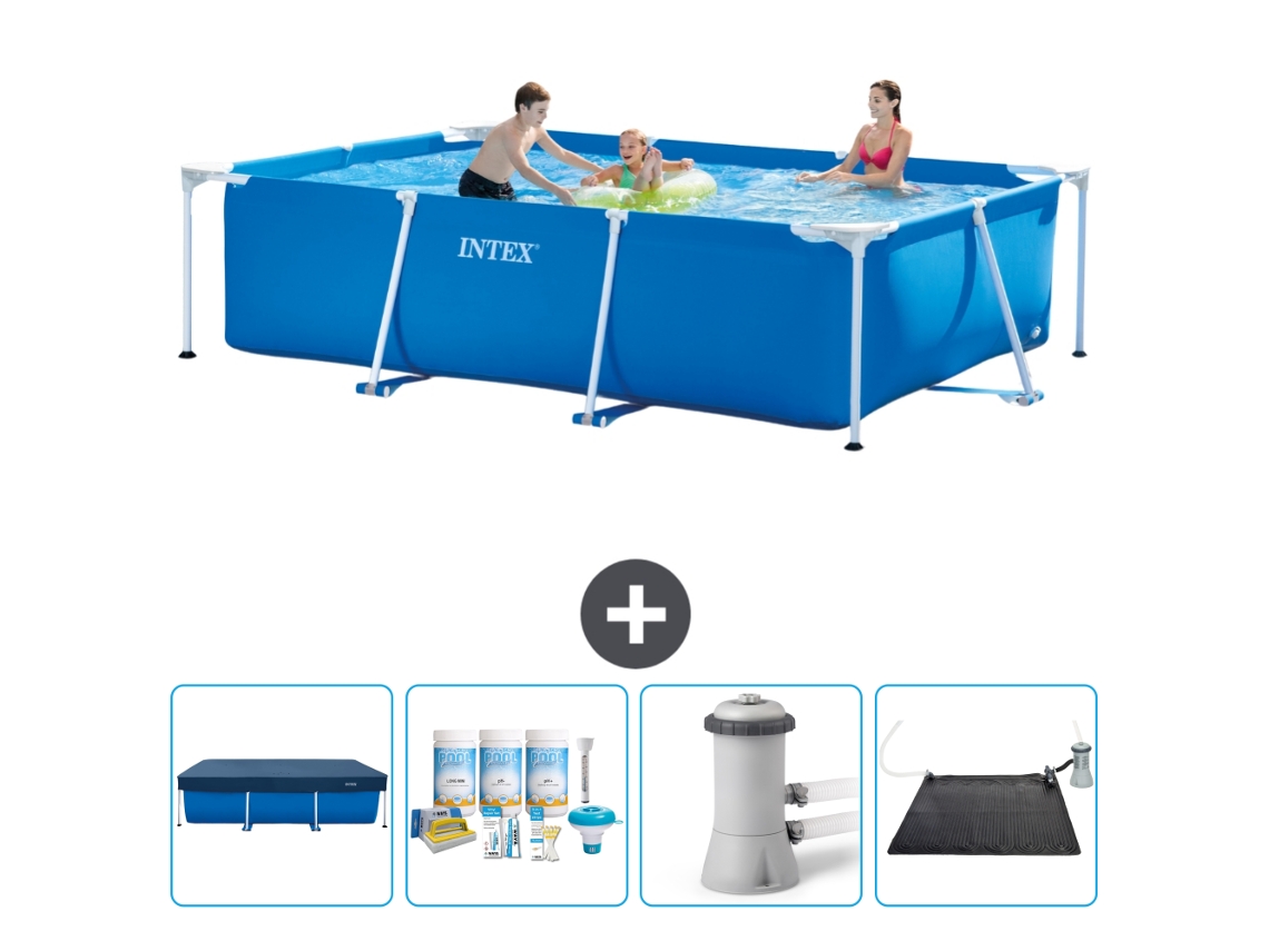 Piscina com Estrutura Retangular INTEX 300 X 200 X 75 Cm Azul Incluída Cobrir Pacote de Manutenção Bomba de Filtro de Piscina Tapete Solar