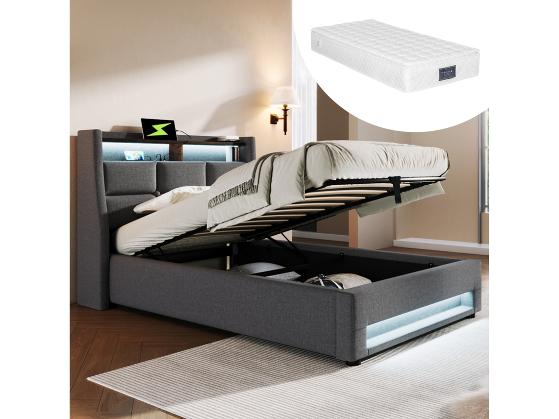 Camas ROLIPO Estofada com Led e Usb 90x200 Cm Cinzento e Bege Claro