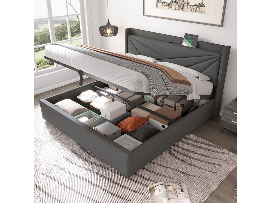 Cama Casal 140x200cm Estofada, Linho, Usb-c, Cabeceira (s/ Colchão) - Réplica.-op