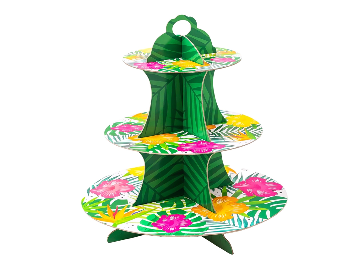 Suporte Para Cupcakes De 3 Andares Com Estampa Floral Tropical, Torre Sobremesas Papelão Tema Havaiano Luau, Flores E Folhas Palmeira A Prai