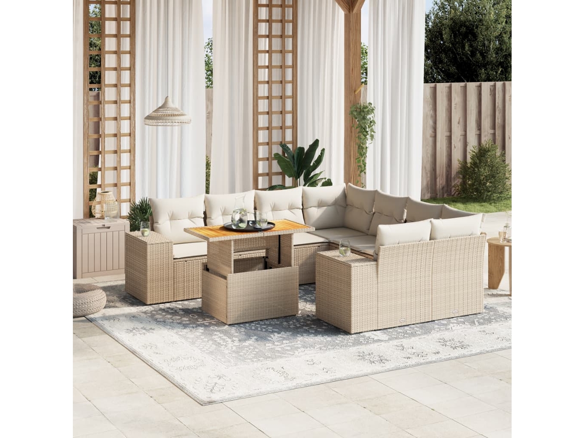 Conjunto de 9 Sofás para Jardim com Almofadas Vime Pe Bege Dkd Home Decor
