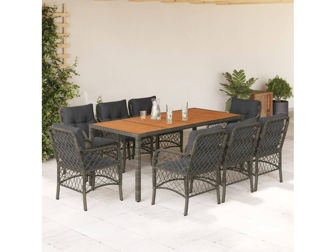 Vidaxl 9 Pcs Conjunto De Jantar P/ Jardim C/ Almofadões Vime Pe Cinza