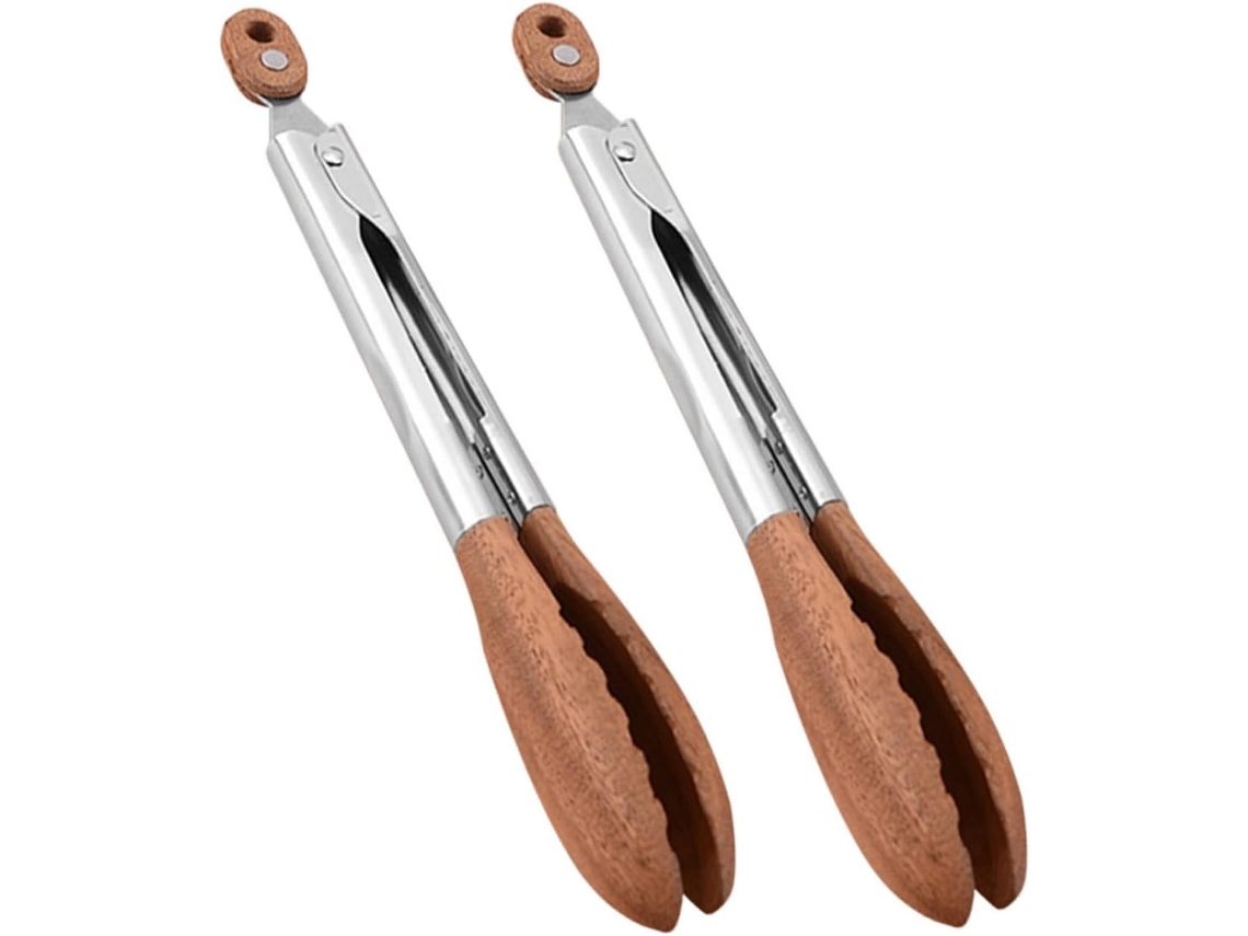 Conjunto De 2 Pinças Cozinha Em Madeira Nogueira E Aço Inoxidável Com Pontas Serrilhadas Antiderrapantes