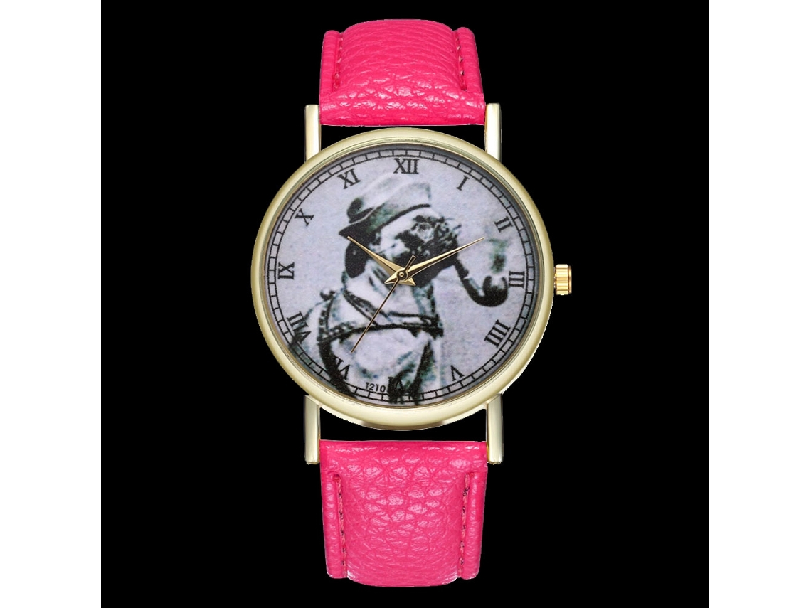Relógio unissex vintage moderno com estampa de cachorro fumando e pulseira de couro rosa.