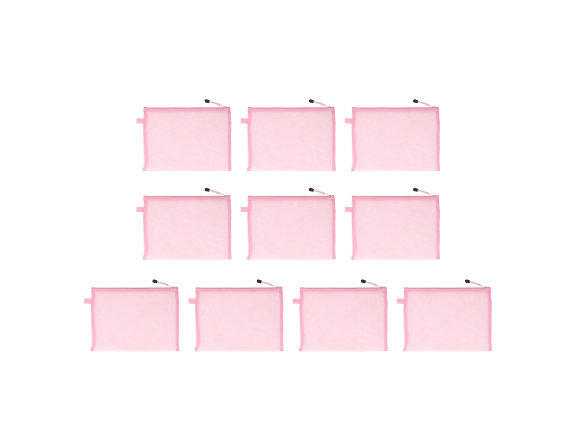 Conjunto de 10 Sacos de Malha com Zíper, em Nylon Transparente, Tamanho A4, para Documentos de Escritório e Material Escolar, Rosa