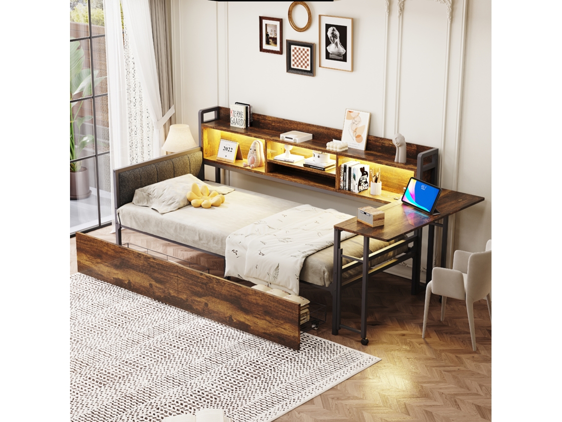 Sofá-cama Ferro 90x200cm Madeira, Led, Armazenamento, Gavetas, Soquete, Escrivaninha-op