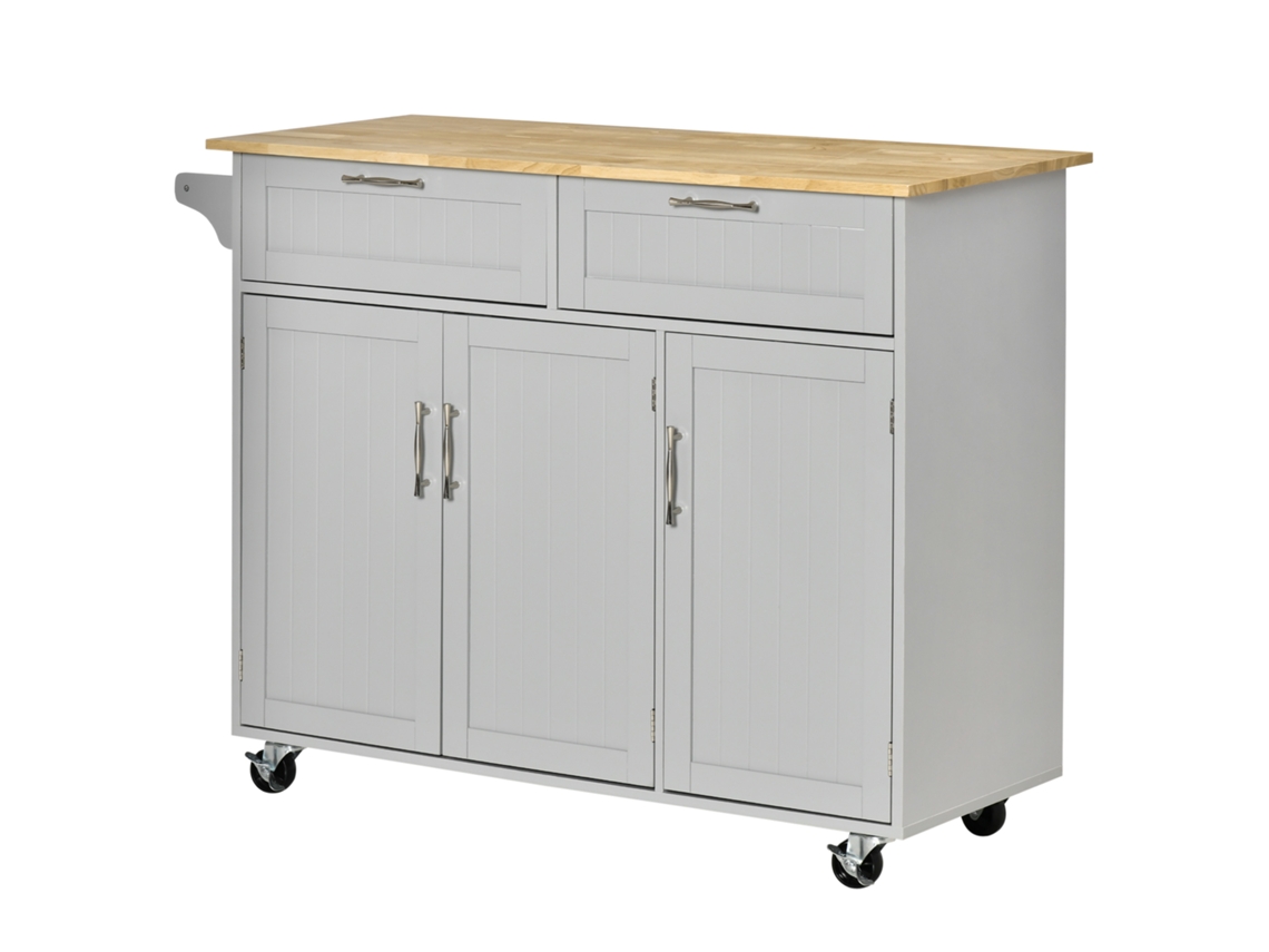 Carrinho De Cozinha Com Rodas 2 Gavetas 3 Portas Prateleiras Ajustáveis E Barra Para Sala De Jantar 121x46x91cm Cinza E Madeira