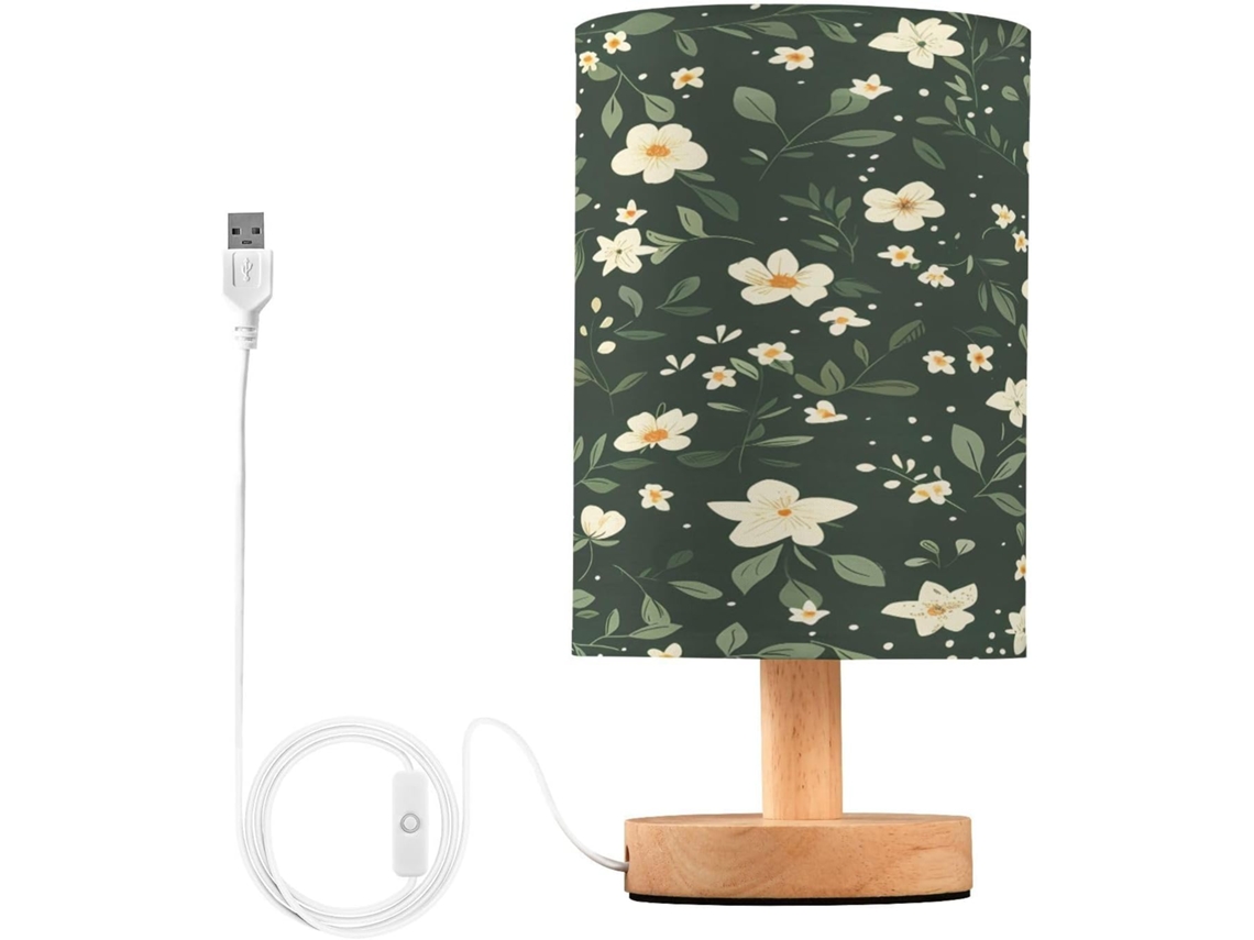 Abajur De Cabeceira Pequeno, Branco E Floral, Para Quarto, Com Led, Entrada Usb E Cúpula De Tecido, Ideal Para Sala De