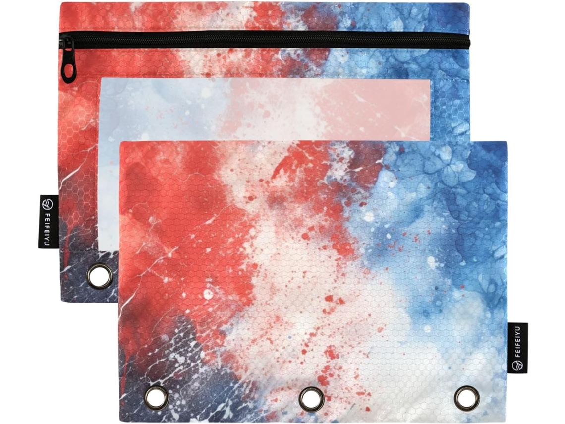 Estojo para Fichário de 3 Argolas com Janela Transparente, Textura Mármore Vermelho/azul, Organizador Zíper, I