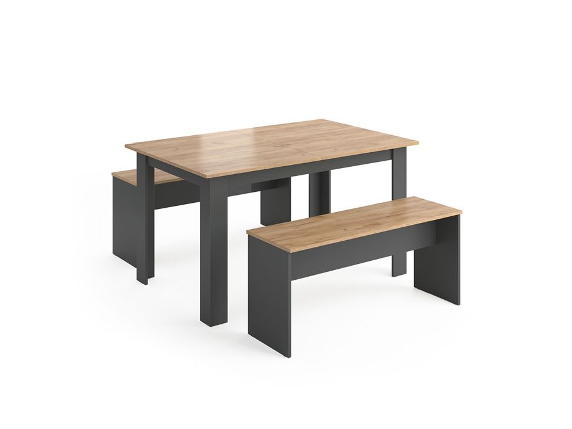 Conjunto De Mesa De Jantar Sentio, 137.6x92.8cm Com 2 Bancos, Antracite/ Carvalho Dourado, Vicco