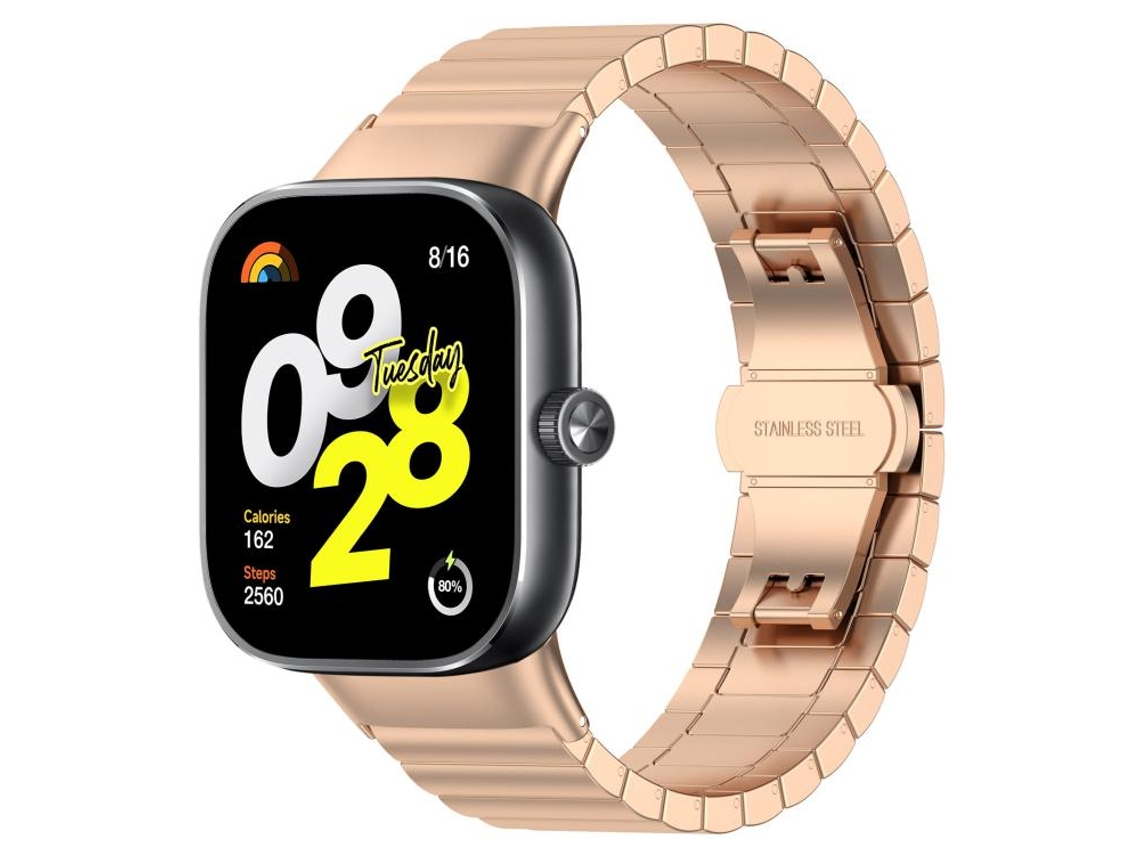 Bracelete Para Xiaomi Band 9 Pro / 8 Pro / Redmi Watch 6 / 5 - Aço Inoxidável - Textura De Bambu Com Um Elo Ouro Rosa