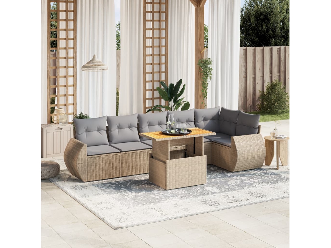 Vidaxl 7 Pcs Conjunto De Sofás P/ Jardim Com Almofadões Vime Pe Bege